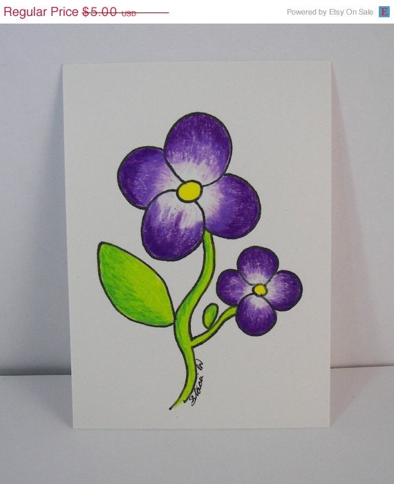 Sale 10% Off Eco Original Drawing Artist Trading Card Purple Flowers