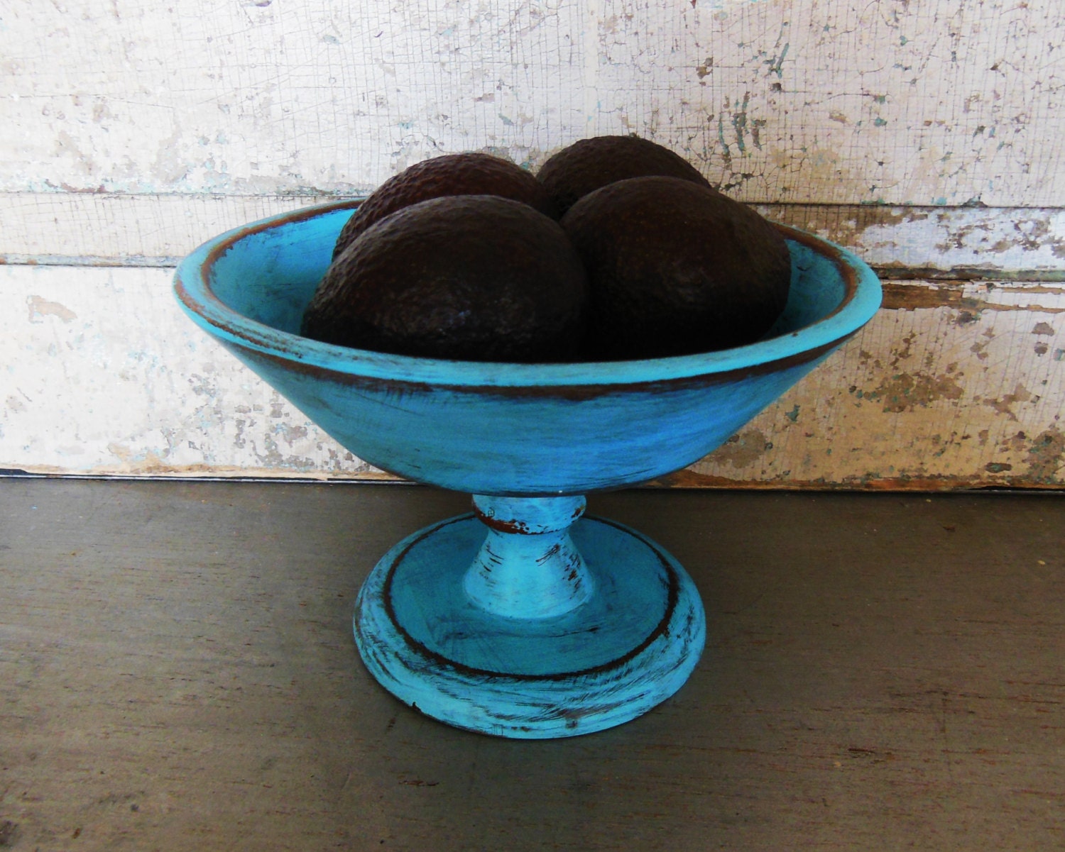 Turquoise Pedestal Display Bowl Compote Distressed Wooden