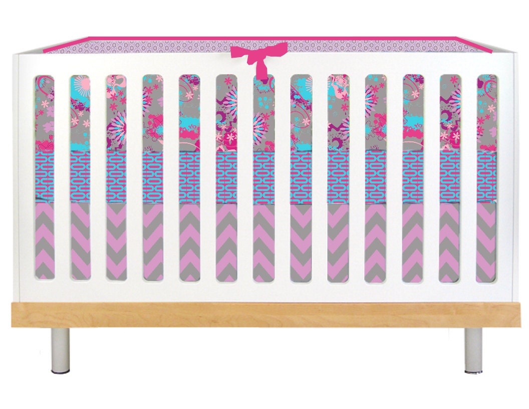 Crib Bedding, Modern Baby Girl Pink, Purple, and Aqua (Modern Custom Crib Set)