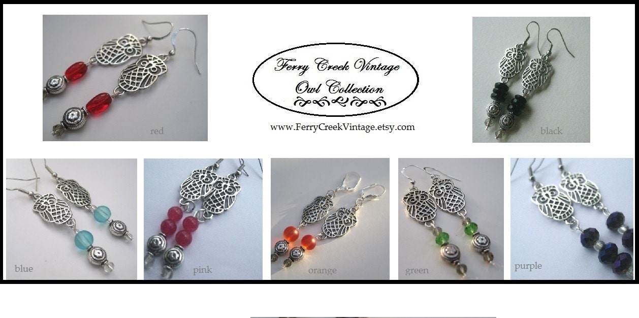 WIZARD OWL EARRINGS - Antique Silver - Red Glass Beads - Dangle Earrings - By FerryCreekVintage
