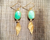 Bezel Set Chrysoprase Gemstone with Hammered Brass Diamond