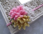 Little Cutie . elastic headband . felt flower cluster . toddler hair accessory . pink yellow white