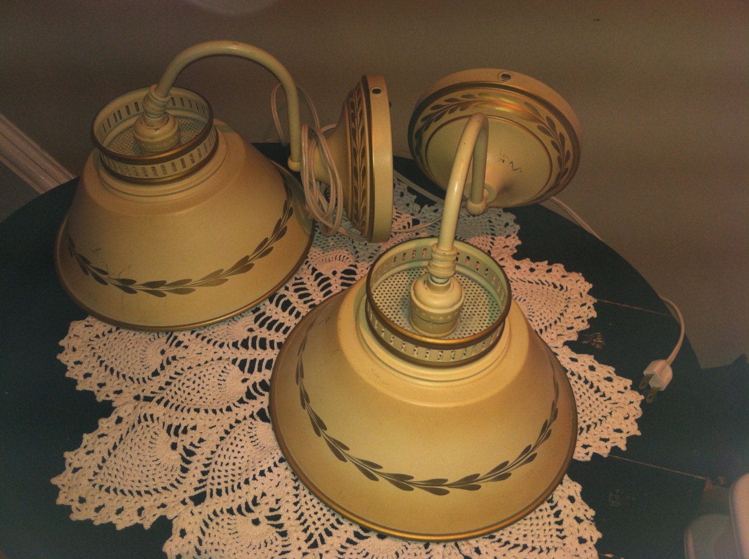 50's 60's toleware style metal tin wall lamps. Gold leaf detailed