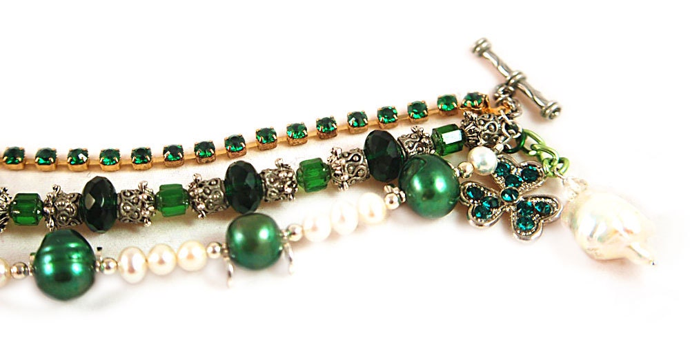 Emerald Green Bracelet St Patricks Day - Sterling Silver, Pearls,  Czech Crystal