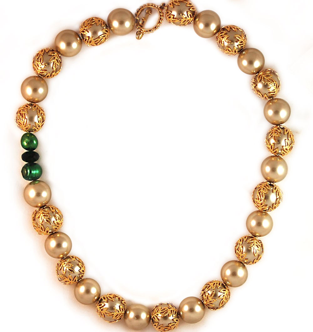Guru Necklace - Pressed Czech Glass in Silver with Gold Bead Caps, Gold toggle Emerald Freshwater Pearl, Czech Glass