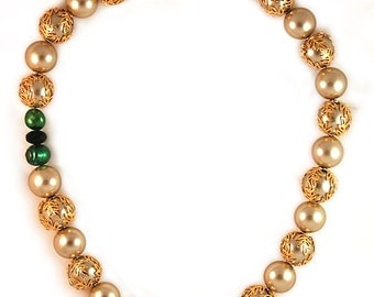 Guru Necklace - Pressed Czech Glass in Silver with Gold Bead Caps, Gold toggle Emerald Freshwater Pearl, Czech Glass