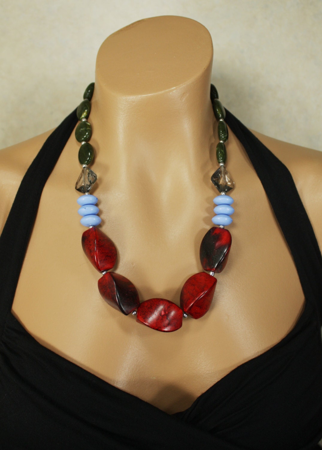 Chunky Bright Red, Periwinkle Blue, and Olive Green Statement Necklace, Monet Fields