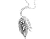 Long Statement Necklace Silver, Leaf, Rhinestone, Diamond, Tassle