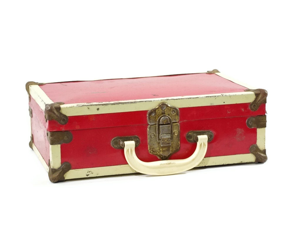 Vintage Metal Case, Small Red Suitcase, Doll Trunk