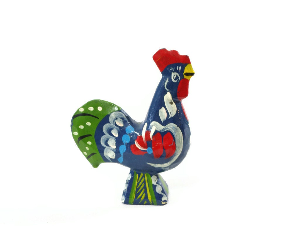 Blue Dala Rooster, Vintage Wood Chicken, Folk Art, Sweden