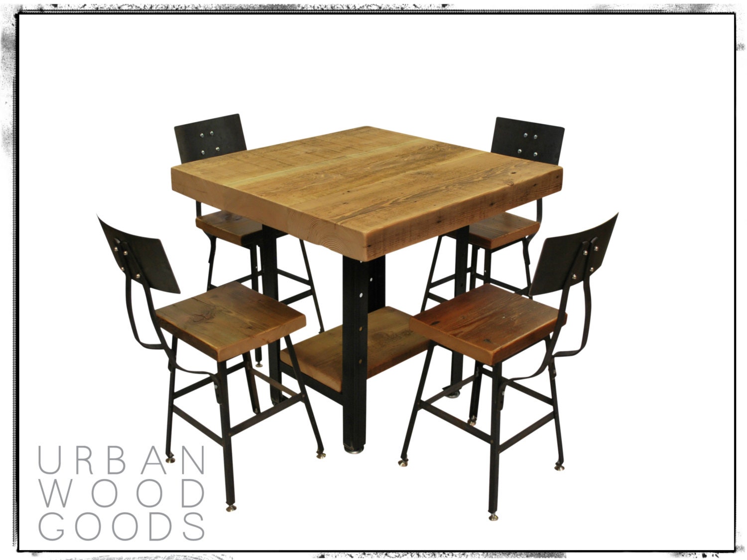 Pair of Reclaimed Wood and Steel Industrial Shop Stools(chairs) with backs. Made in Chicago. Qty (2) 19" table height. QUICK SHIPPING