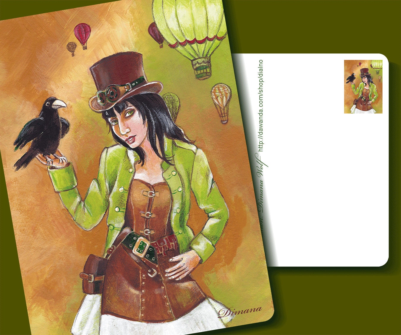 ACEO/ATC  The girl und the raven (from Steampunk series) - Postcard Mini Fine Art Print   -Steampunk  Artist Card Postcard- ACEO