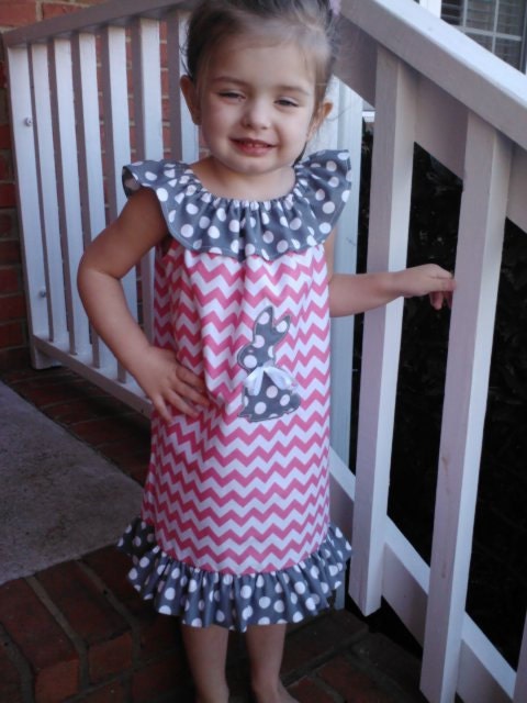 Easter Pink chevron ruffled Neck dress with gray Polka Dot applique Bunny rabbit size 12 months to size 6x