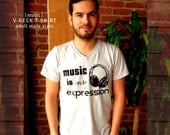 DJ, V-neck, T-shirt, For Men, Soft, Music is my Expression, Express yourself, Grey tee, Screen printed shirt, M, L, XL