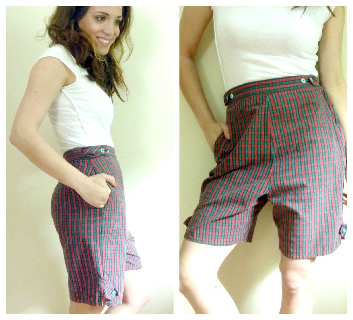 Vintage 1950s Plaid Shorts Turquoise Vintage Buttons  Metal Side Zipper Size Small