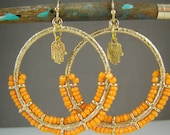 Beaded Hamsa Hand Hoop Earrings, Gold, Starburst Orange