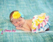 Spring summer polka dot and chevron pink yellow aqua and green ruffle bloomers diaper cover and matching headband for newborn baby infant