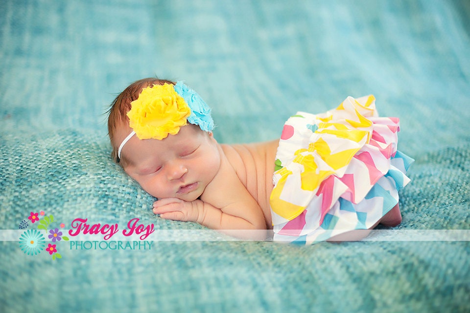 Spring summer polka dot and chevron pink yellow aqua and green ruffle bloomers diaper cover and matching headband for newborn baby infant