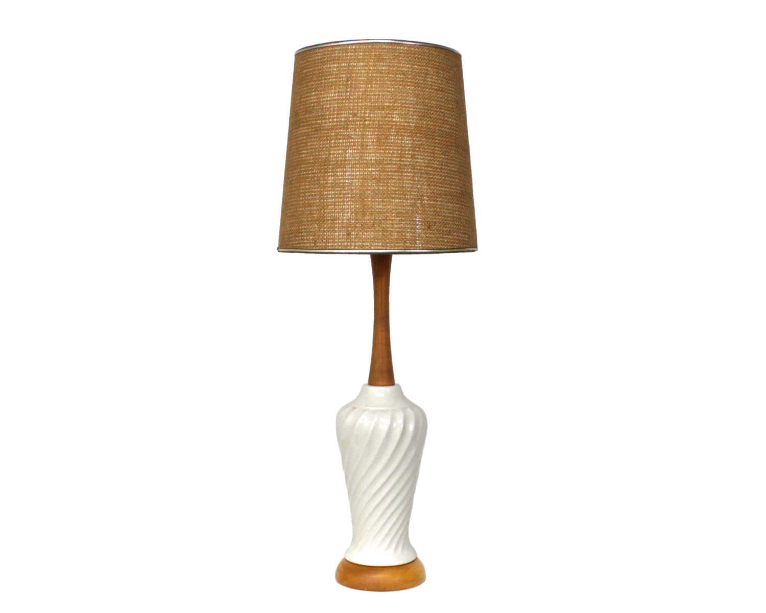 Danish Modern Pottery Lamp with Burlap Shade .  Mid-Century
