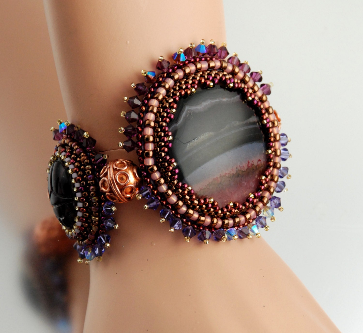 Purple Twilight - Custom MADE to ORDER, Large Purple Bracelet Bead Embroidered, Agate, Glass Scarabs, Copper, Snake Skin, Statement