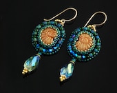 Amazonian Dawn -MADE to ORDER- Bead Embroidered Dangle Earrings, Peacock Colors, Glass, Crystals, Gold Filled, Suede