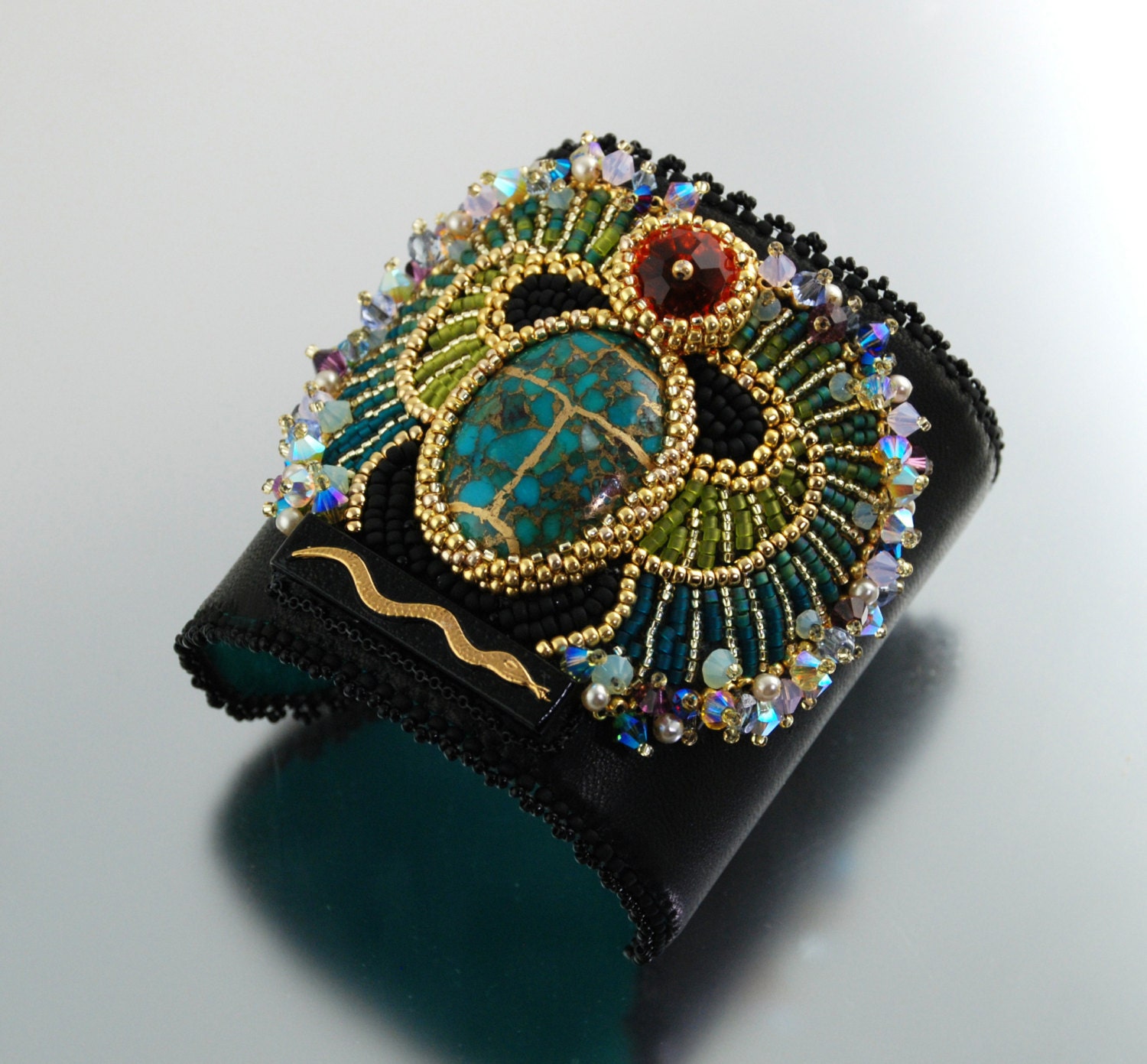 Egyptian Scarab Bracelet - Statement Cuff Bead Embroidered, Beaded Bracelet for Women, Turquoise and Green Jewelry