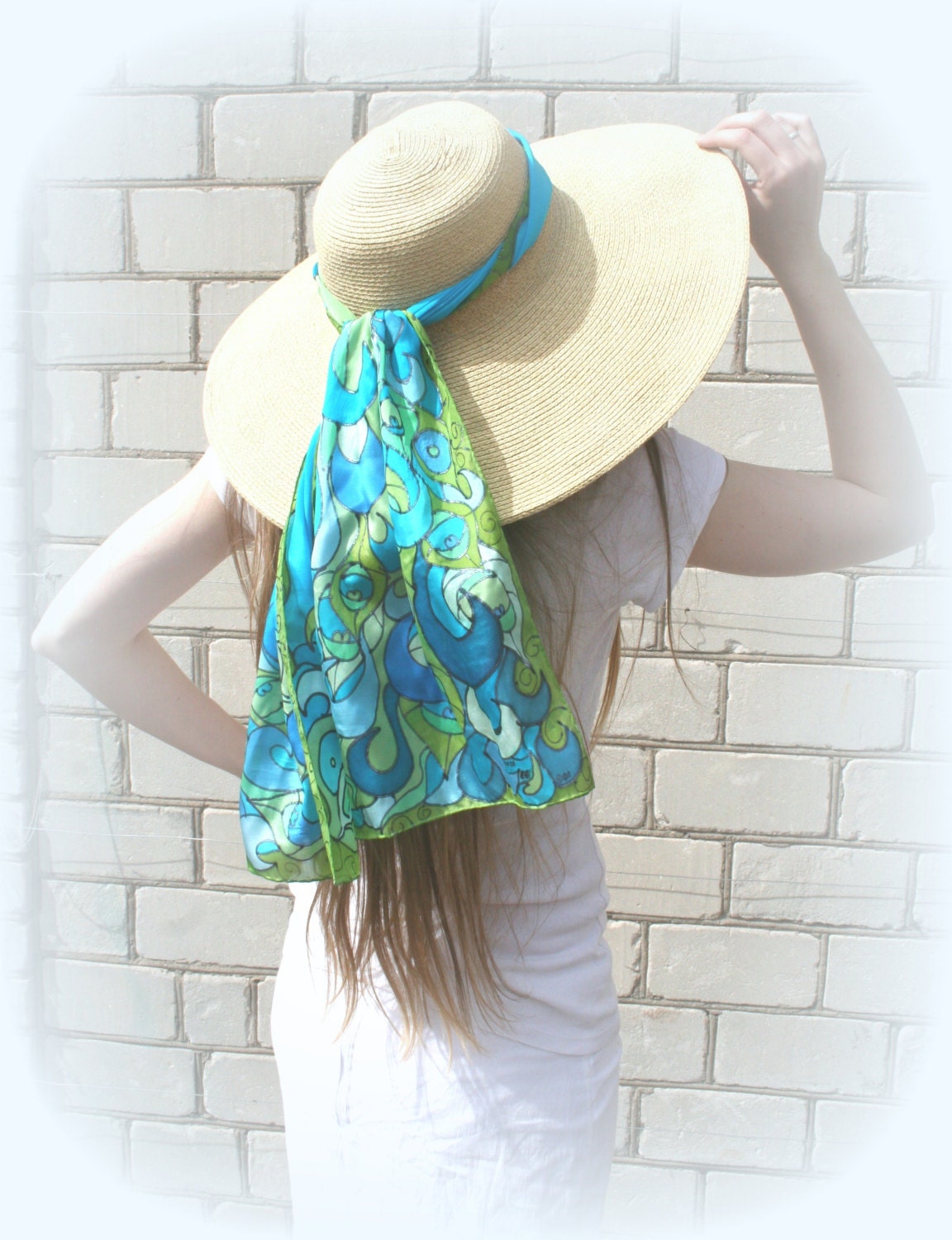 Peacock Scarf. Hand Painted Silk. Turquoise. Peacock Feathers