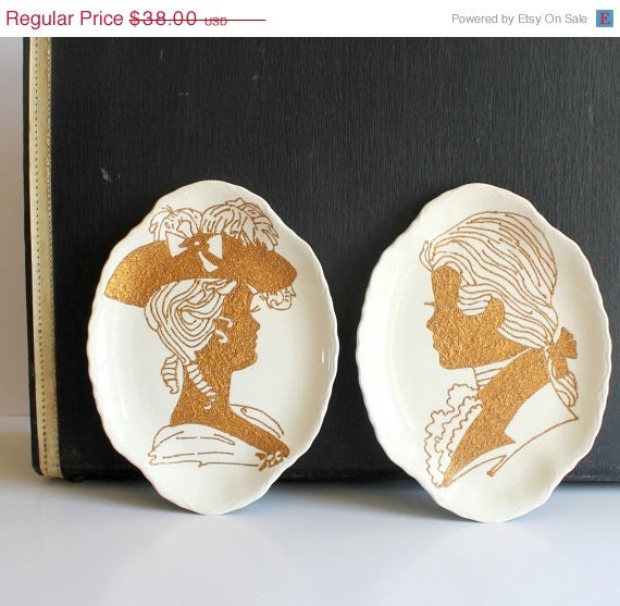 CLOSING SALE Reduced 50% The Perfect Couple. Kitsch Colonial Style Painted Plates