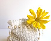 CLOSING SALE Reduced 50% Vintage White Chunky Crochet Beaded Purse. Handmade 1970s