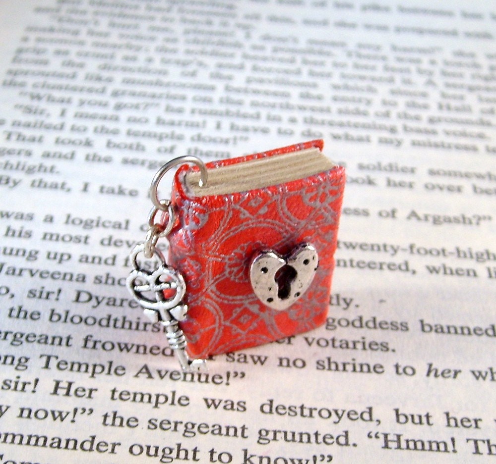 Miniature Book Necklace Charm Under Lock and Key Heart Lock and Key Red Silver Embossed