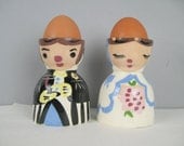 1940s Bride and Groom Egg Cups - vintage California Pottery, ceramic Mr. & Mrs. Egg Servers - perfect retro Wedding Gift