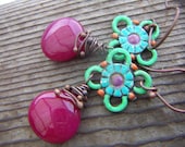 Magenta Jade Briolettes Drop Earrings Copper Wrapped