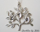 SILVER Family Tree Necklace - Rhodium Plated Tree Pendant, Hand Stamped Initial Leaf Charms, Up to 5 Initials, Mother or Grandmother Jewelry