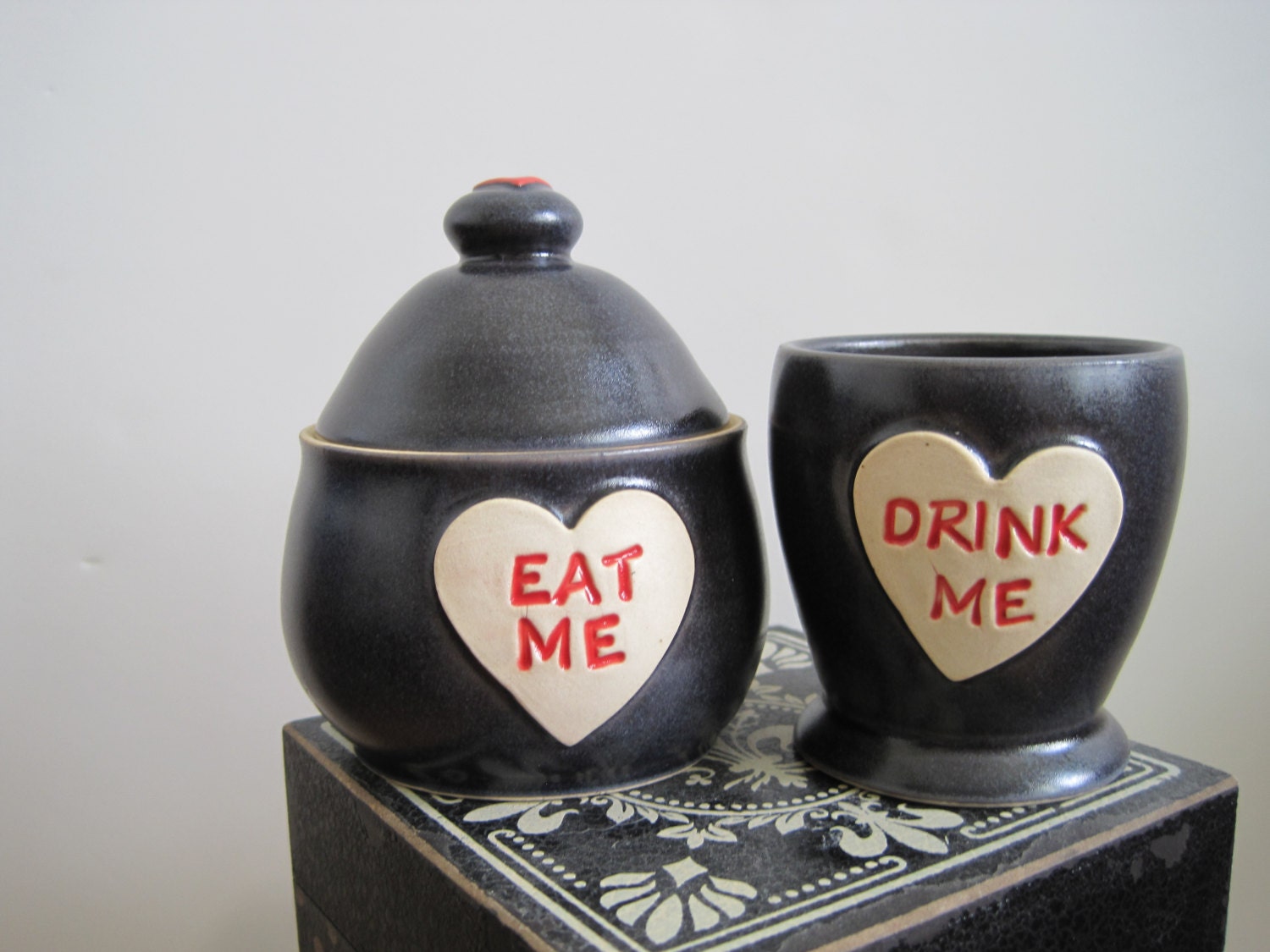 Alice in Wonderland Shot Glass and Jar 'Eat Me' and 'Drink Me' Set in Handsome Charcoal - Ready to Ship