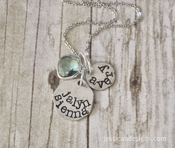 Hand Stamped Pewter Family or Mother's Necklace with Aqua Gemstone - Personalized with your Family Names