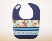 Denim bib monkey bib velcro closure blue and brown polka dots stars ribbon embellished bib