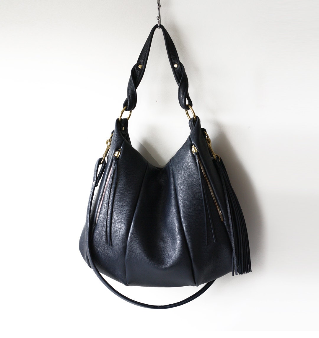 Soft Leather purse - OPELLE Lotus Bag - Soft Pebbled Leather with Zipper Pockets in Mariner