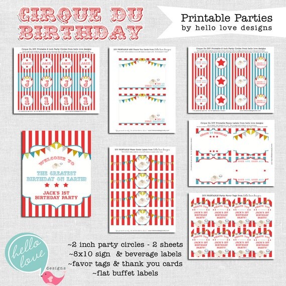 Cirque Du Birthday FULL Printable Birthday Party Collection - Invitation Included - hello love designs Il_570xn
