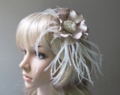Flower Hair Clip in Tan Beige Satin with Cream Feathers Pearls Rhinestone Glass Beads. Prom fascinator. Tan Cream Beige Bridal Flower.