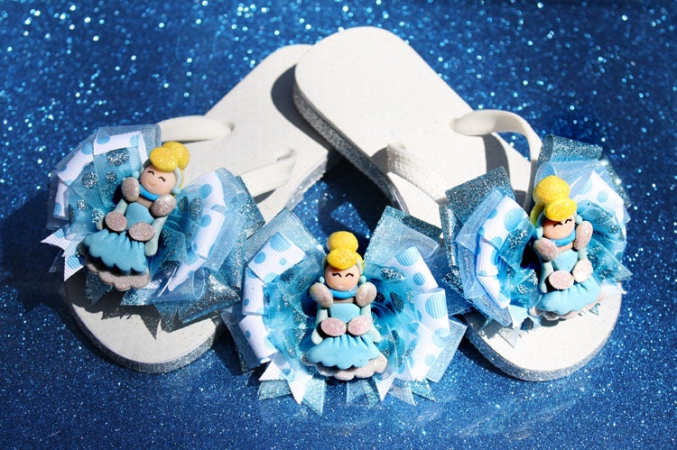 Disney Princess Cinderella Ribbon Flip Flops and Hair Bow with Polymer Bead to Match - Custom Boutique Set