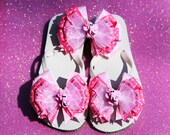 Pink and Lime Green Birthday Elephant Flip Flops Custom Boutique Ribbon and Elephant Polymer Beads and Matching  Hair Bow