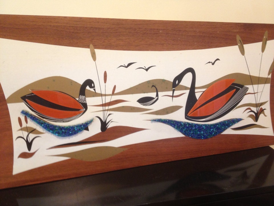 Vintage Mid Century Modern Wall Art on Wood Goose and Cattails
