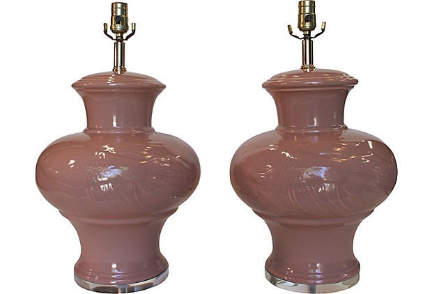 Vintage Retro Chinoiserie Dusty Rose Blush Pair of Koi Lamps on Lucite Bases