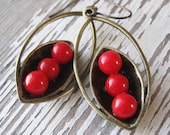 Red Peapod Earrings - Antique Brass