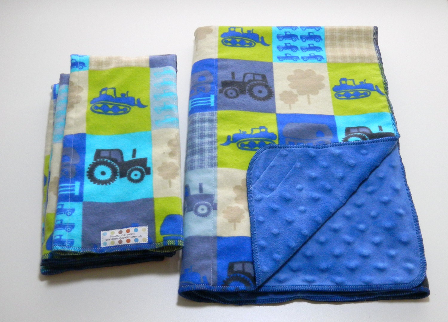 Baby boy soft minky and flannel blanket with 3 matching reversible large minky burp cloths, tractors, barns, farms