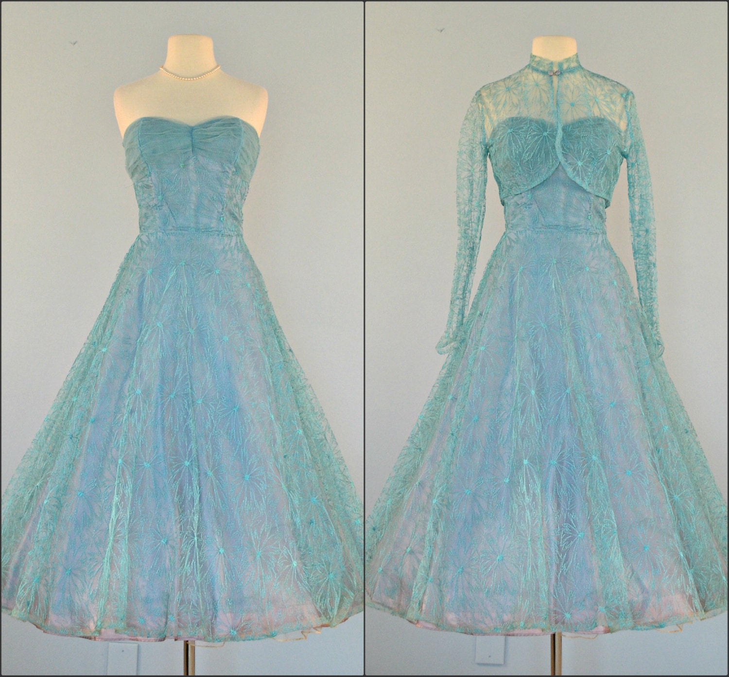 Vintage 1950s Prom Dress...Lovely Strapless Floral Embroidered Tulle Tea Length Prom Dress with Bolero Wedding Dress Small