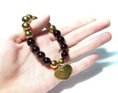 Black Onyx Stone Stretch Bracelet with Golden Heart Charm, Black Stretch Bead Heart Bracelet