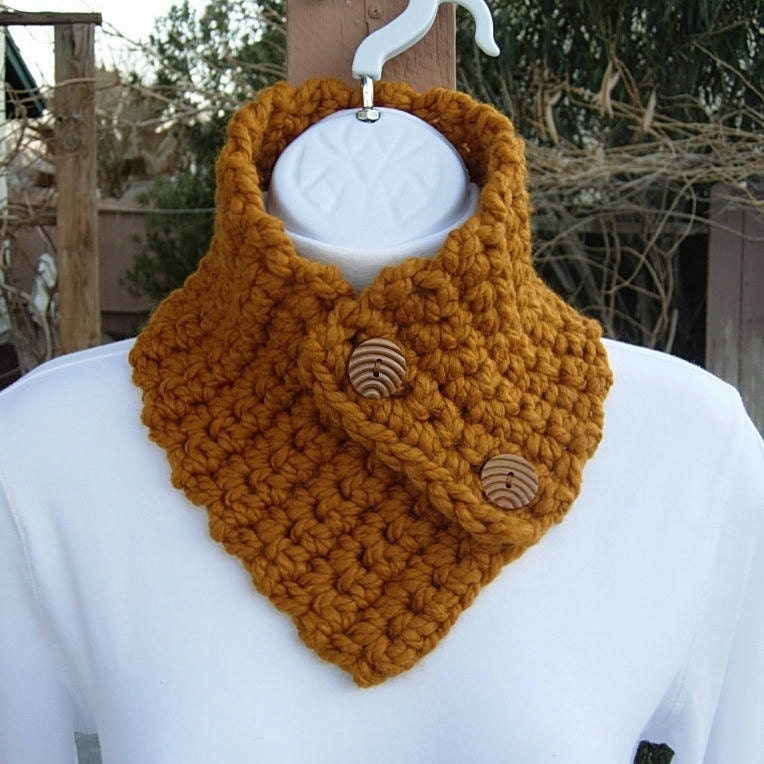 SCARF NECK WARMER..Butterscotch Dark Orange Yellow..Wool/Acrylic Blend..Wood Buttons..Winter Crochet Small Buttoned Cowl..Ready to Ship