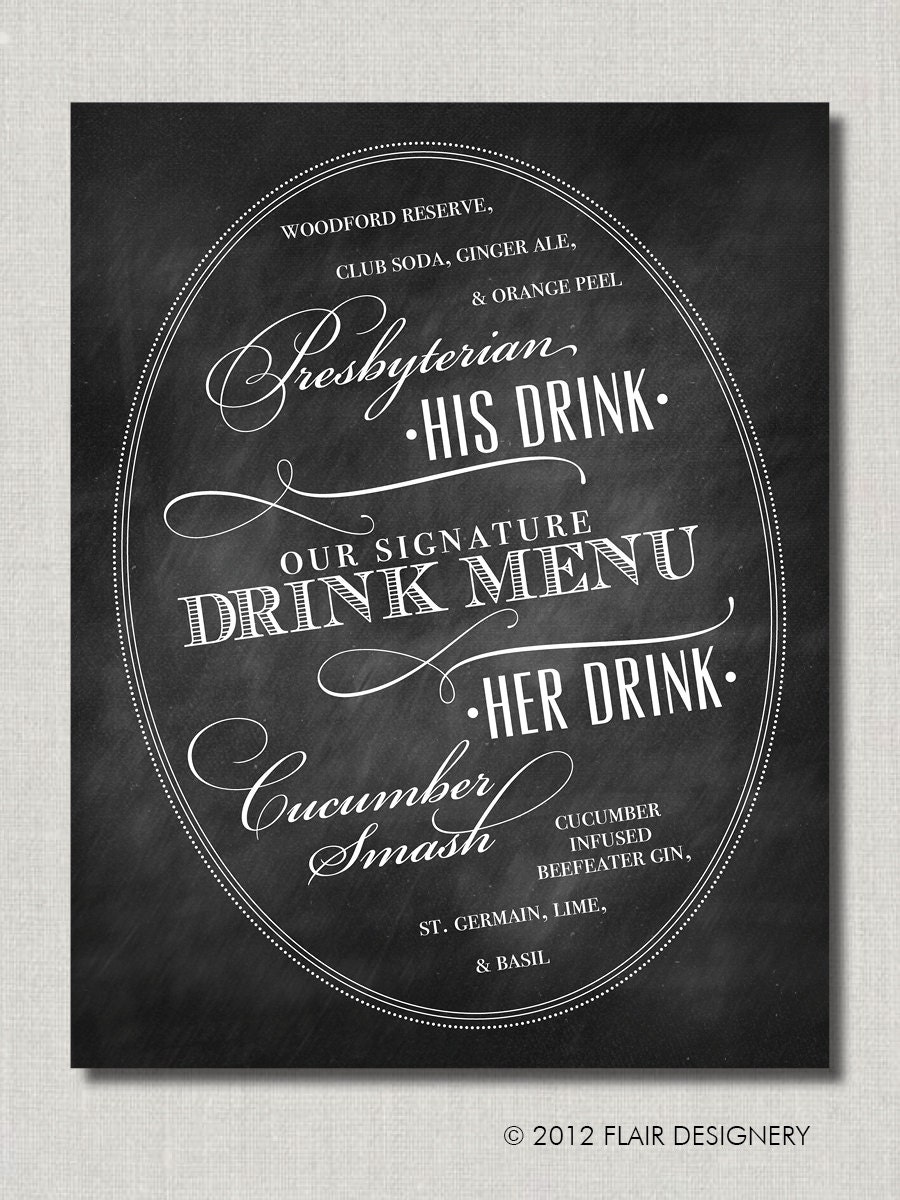 His and Hers Signature Drinks Chalkboard Style Wedding Poster or Bar and Cocktail Sign by Flair Designery Il_570xn