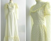 1960s Eyelet Dress / wedding dress / victorian style / empire waist / spring wedding / white yellow / prom gown / small